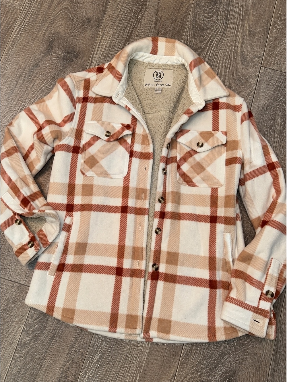 SAGE Collective Plaid Sherpa Lined Shacket Jacket Women's XS Cream Rust